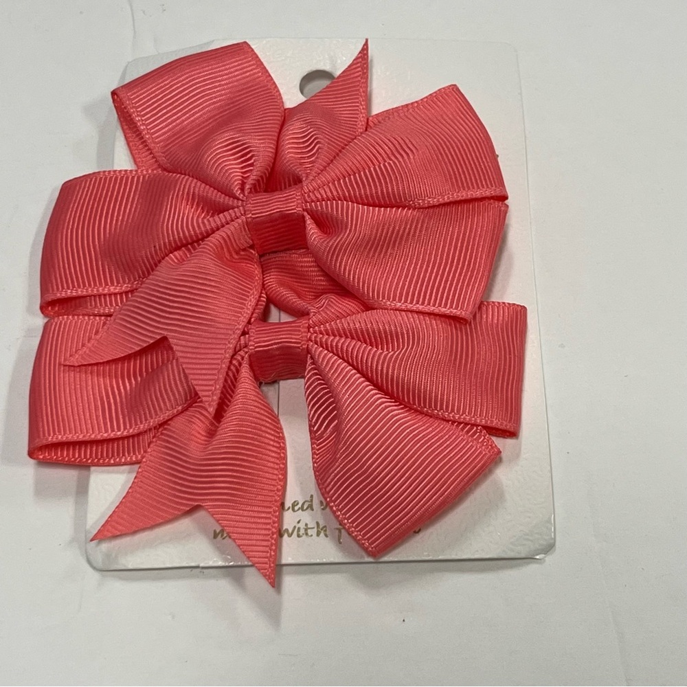 Handmade Hair Bow 1 Pair Of 2 Barrettes Pink Grosgrain Ribbon Metal Clasp RUST